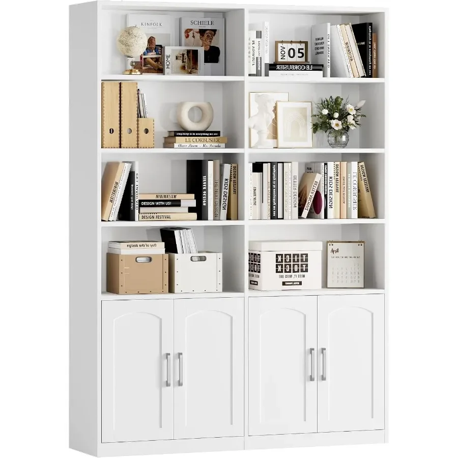 Bookshelf and Bookcase with Doors for living room, engineered wood, white, adjustable shelves and dust-proof design