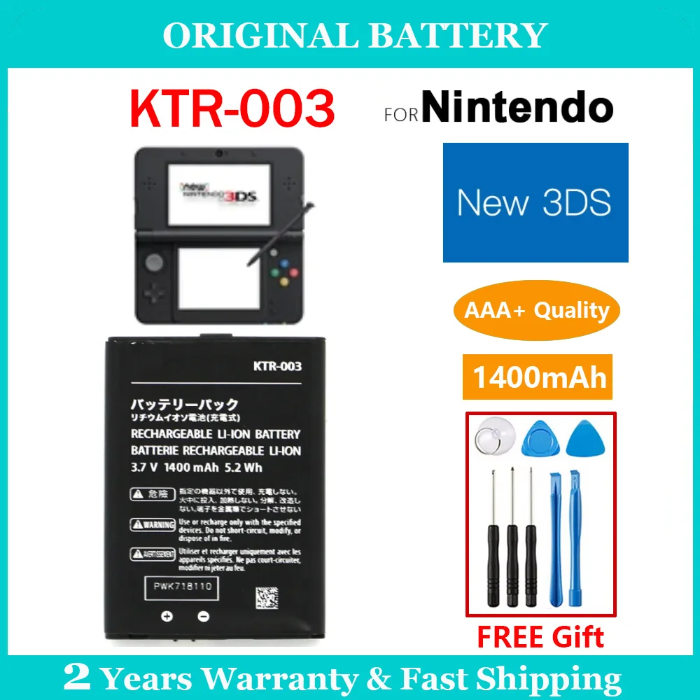 1PCS 2PCS High Capacity 1400mAh 5.2Wh 3.7V KTR-003 Rechargeable li-ion Battery for Nintendo N3DS New3DS NEW 3DS Battery