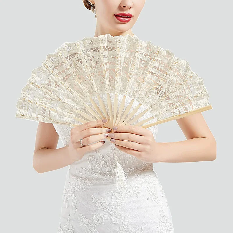 

Vintage Handmade Folding Fan Lace Embroidered Bamboo Wood Wedding Party Hand Held Dance Fan Home Decoration Art Craft Gift