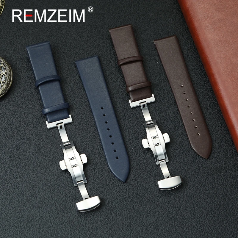 

Women Men Green Red Pink Ultra-thin Leather Watchband Belt 18mm 20mm 22mm Replacement Wristband Butterfly Buckle Wrist Band