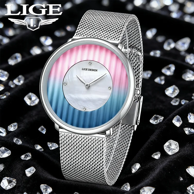 

Модные элегантные женские часы LIGE для активного отдыха, водонепроницаемые, круглые, ультратонкие, с сетчатым ремешком, кварцевые, женские наручные часы.