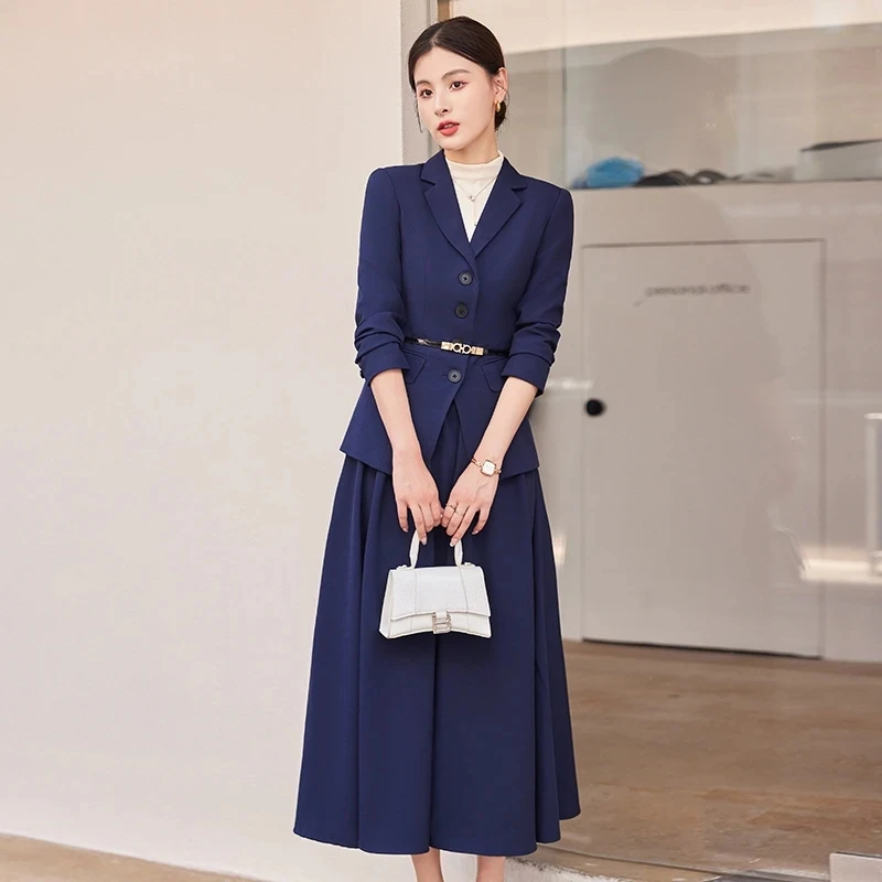 Women\'s Autumn Winter Suit Jacket Dress Set 2023 New Fashion Korean Elegant Temperament Blazers Formal Long Skirt Two-piece Set