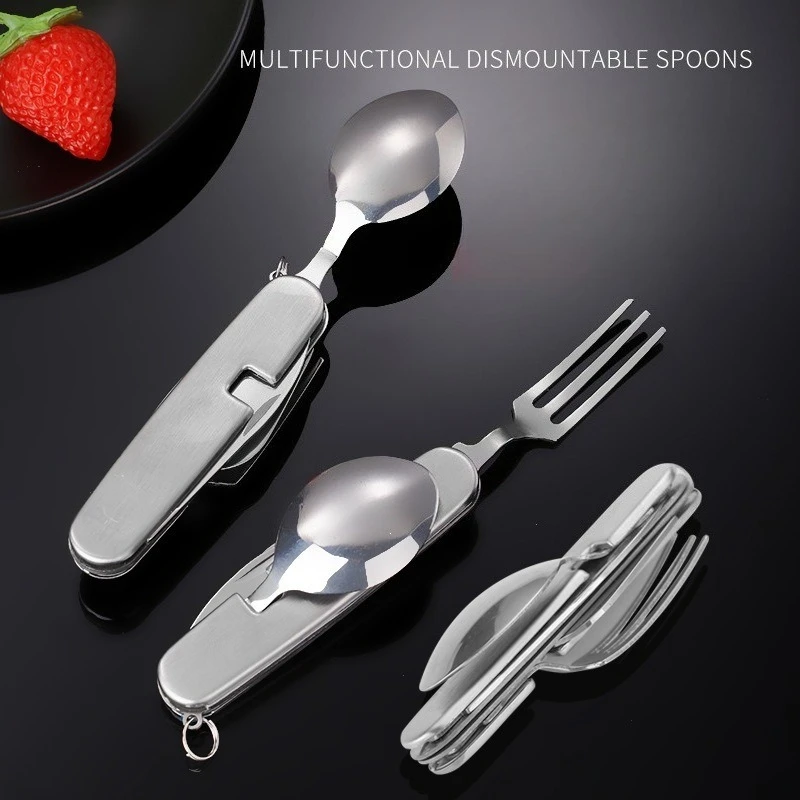 

Outdoor 4-open Portable Tableware Camping Multifunctional Stainless Steel Detachable Folding Knife Fork Spoon