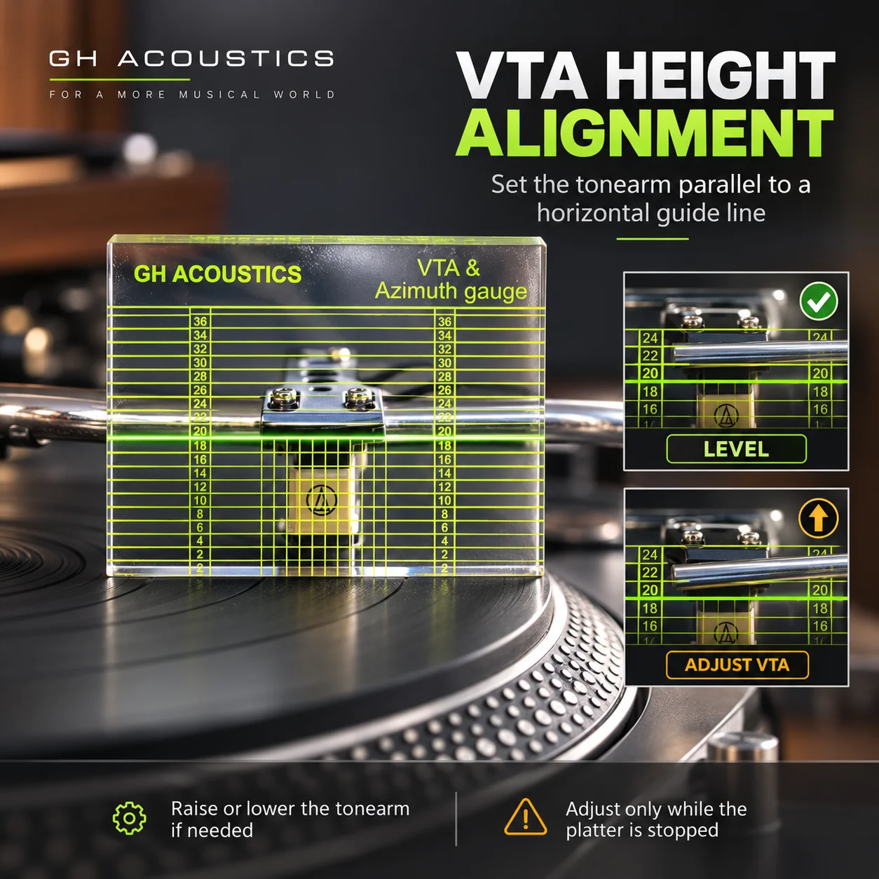 GH ACOUSTICS VTA Azimuth Gauge Clear Acrylic Cartridge Alignment Tool for Vinyl Turntable Tonearm