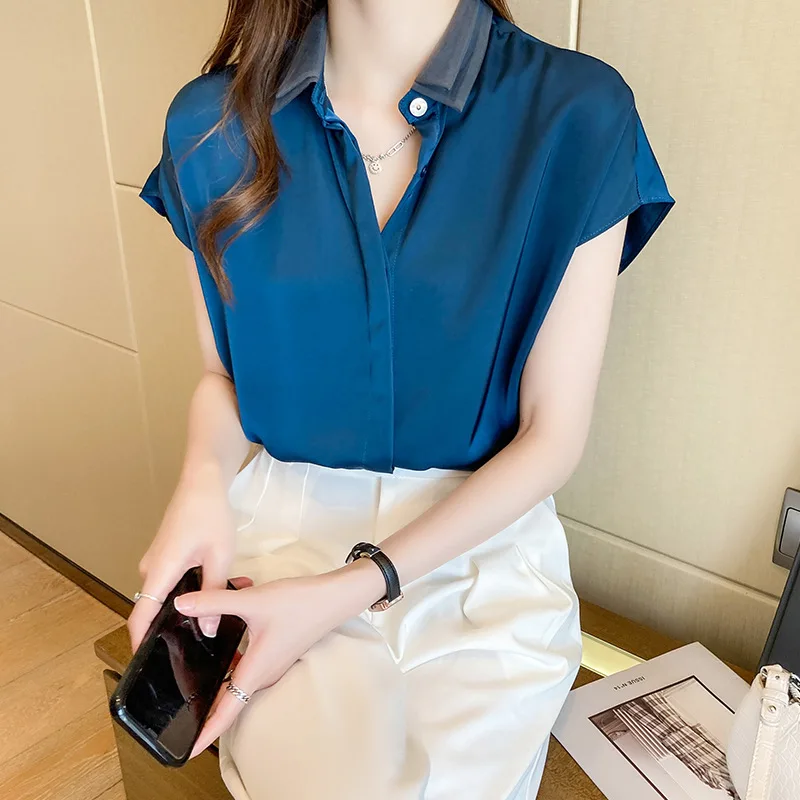 Satynowa bluzka damska z krótkim rękawem Top Office Lady V Neck Solid Color Office Blouses Fashion Summer Chiffon Shirt Blusas De Mujer