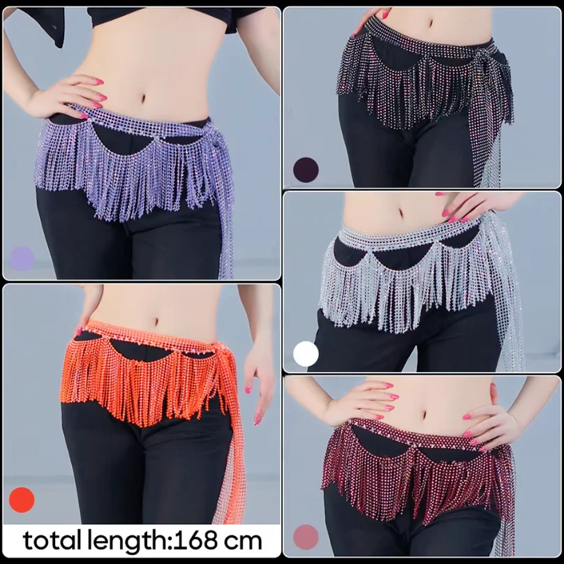 

Luxury Rhinestone Belly Dance Hip Scarf with Wave Fringe Sparkling Waist Chain for Women Performance Costume Accessories
