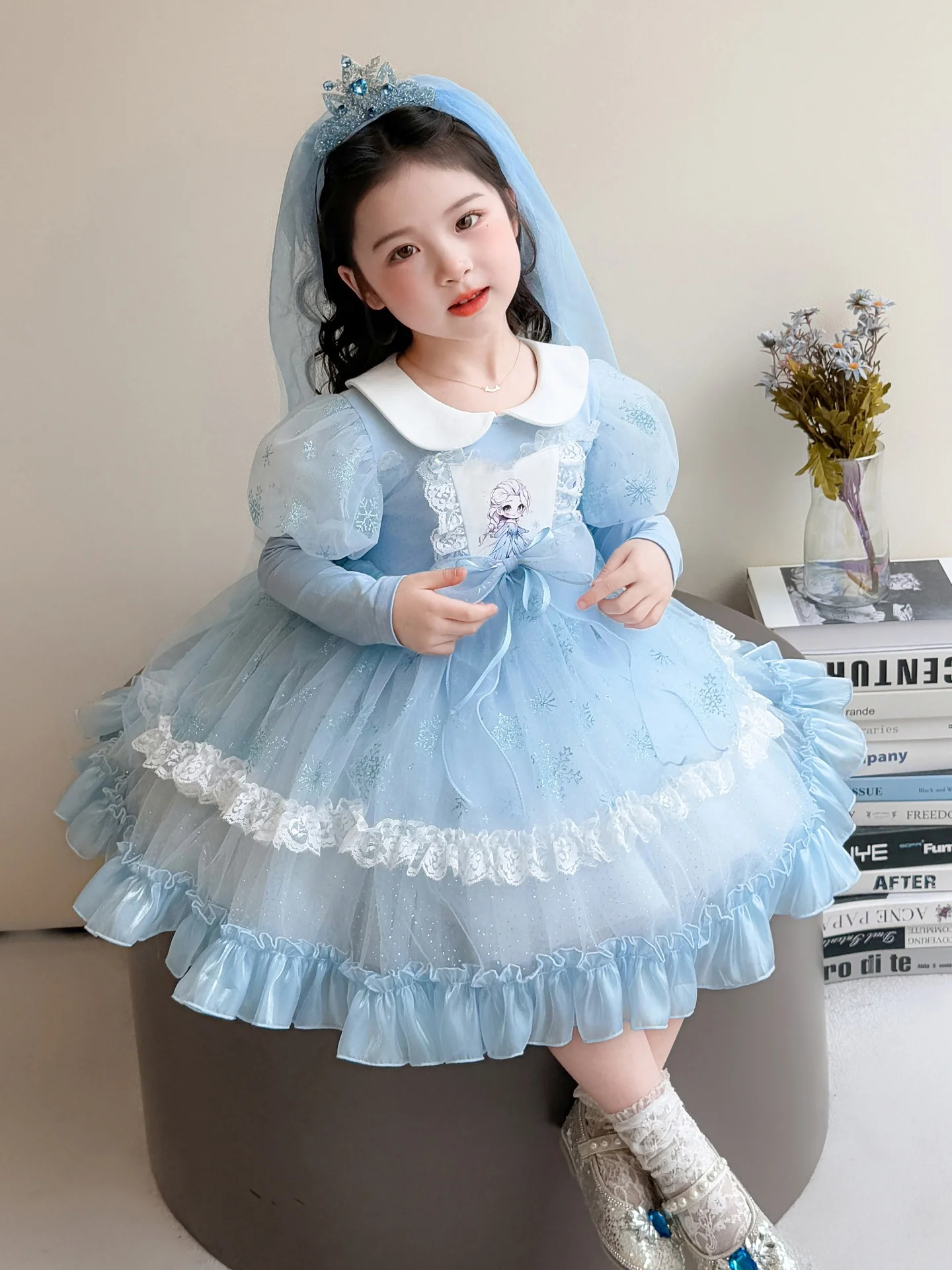 Vestido de Princesa Elsa para Meninas, Fantasia de Aniversário, Saia de Tule Azul, Cintura Média, Manga Longa, Saia em A, Infantil