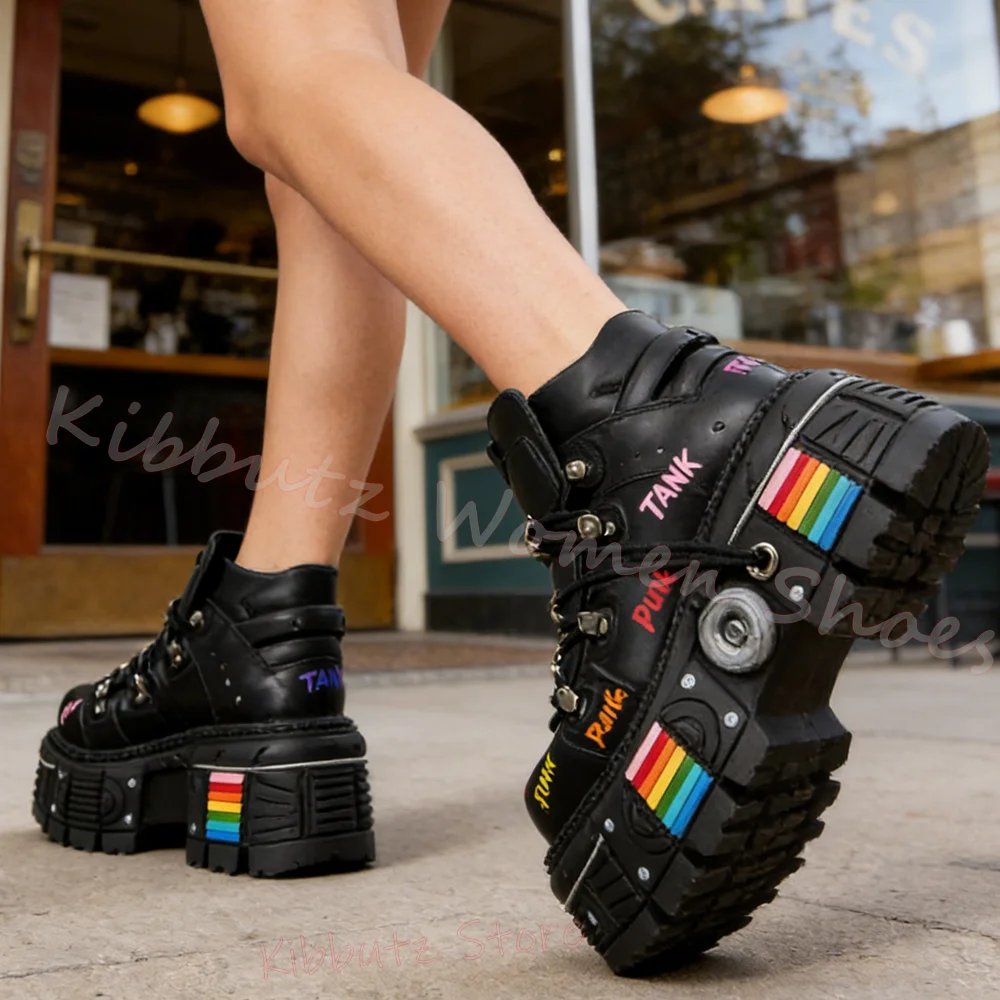 Colorful Graffiti Platform Boots Women Sneaker Punk Rock Chunky Sole Rainbow Stripes Y2K Gothic Shoes Heavy Duty Fashion Elegant view 3