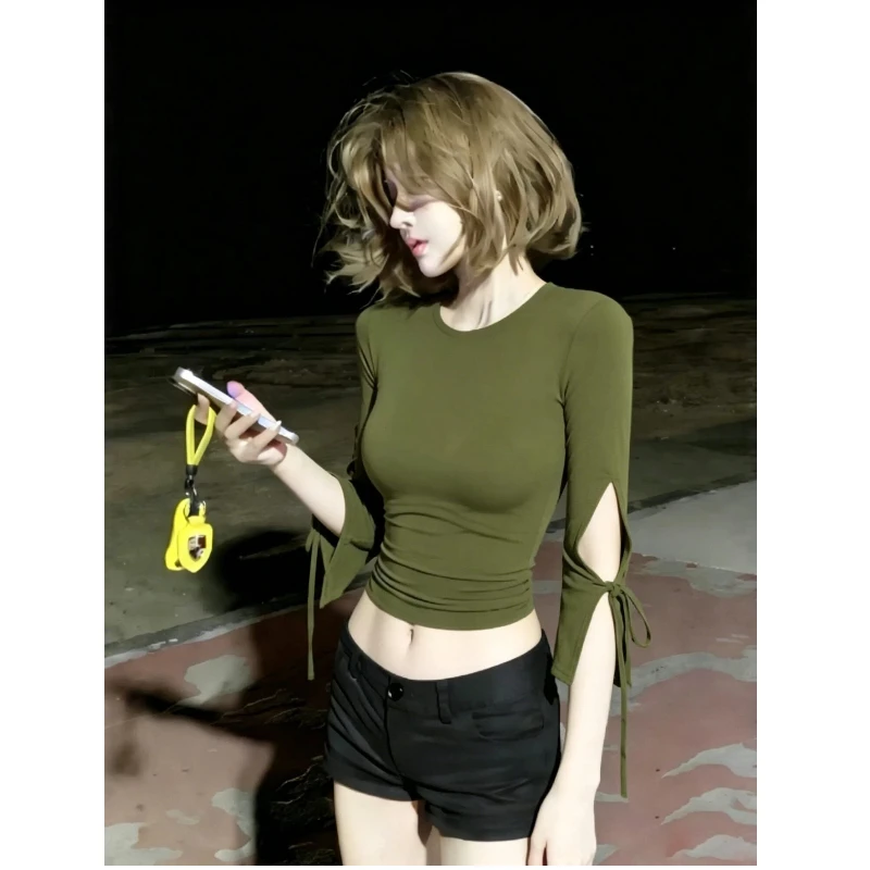 Image of Sexy Ausgeschnittene 3/4-Ärmel Slim-Fit Kurze Tops T-Shirts Sommer Neu Einfarbig mit Schnürung Temperamentvolle T-Shirts Trendige Koreanische Damenmode