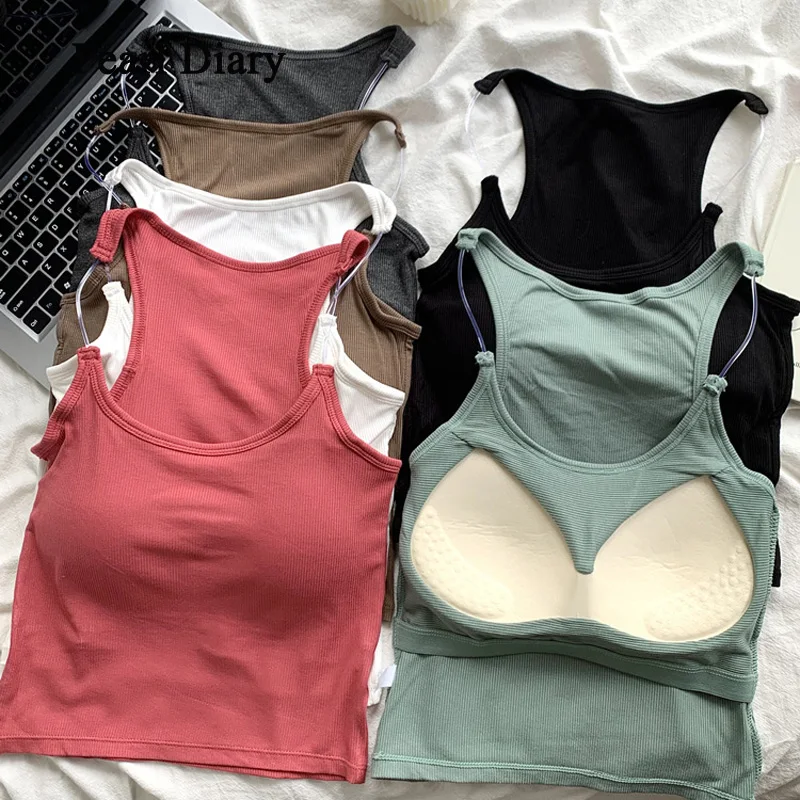 Pearl Diary Summer Invisible Shoulder Strap Square Neck Camisole Female Sexy Collarbone Tight Green Top With Chest Pad Top Women