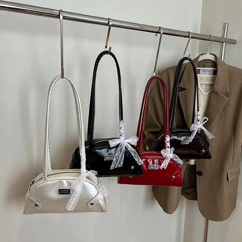 

2025 Women Bag Fashion Lace Bows Single Shoulder Shell Bags Pu Leather Texture Zipper Handbag Versatile Accessories