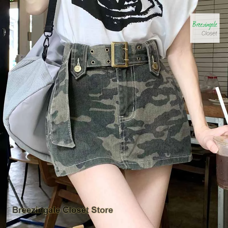 

Korean high street camouflage denim bag hip skirt female spring and summer new versatile fashion retro spice girl frock skirt.