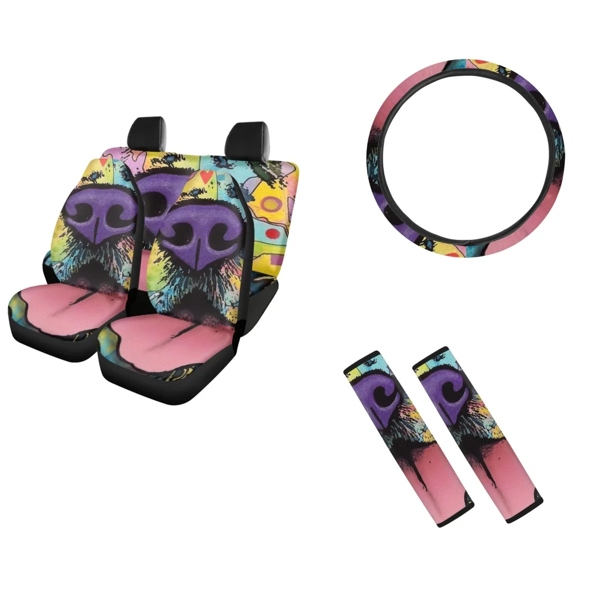 

Car Seat Cover Dog Tongue Design Cartoon Animals Set of 4Pcs Sedan Truck Steering Wheel Cover for Women Mens Safety Belt Cover
