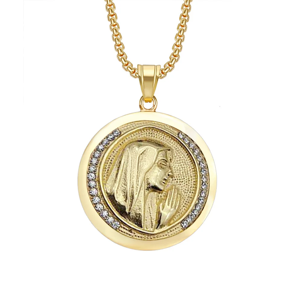 Religiöse Jungfrau Maria Anhänger Halsketten Weibliche Gold Farbe Edelstahl Runde Madonna Halskette Für Frauen Schmuck Geschenk XL1031
