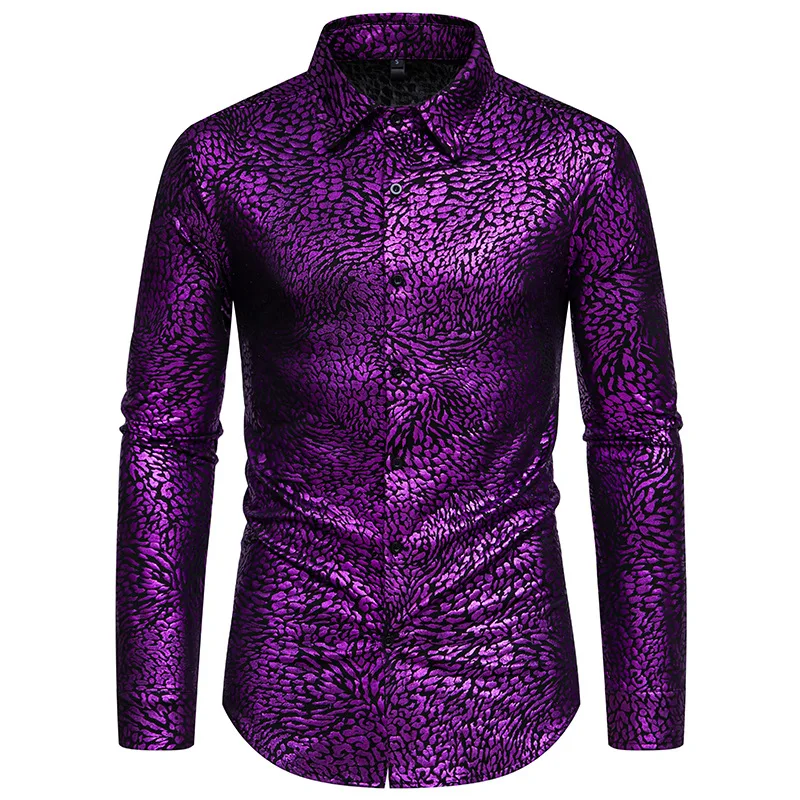 Men's Purple Dress Shirts For Party Hip Hop Leopard Print Long Sleeve Tuxedo Shirts Male Stylish Trend Nightclub Banquet Chemise