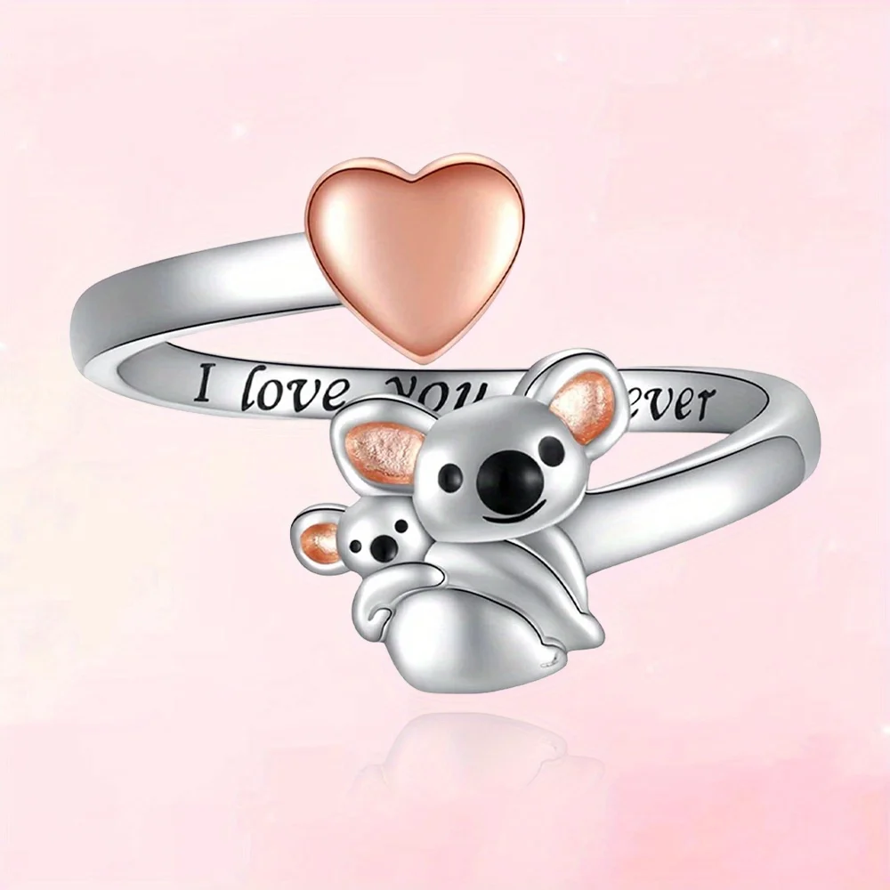 Cute Koalas with Pink Heart Design Open Adjustable Ring for Women Birthday Gift Anniversary Party Gifts, Jewelry, Niche Styles,