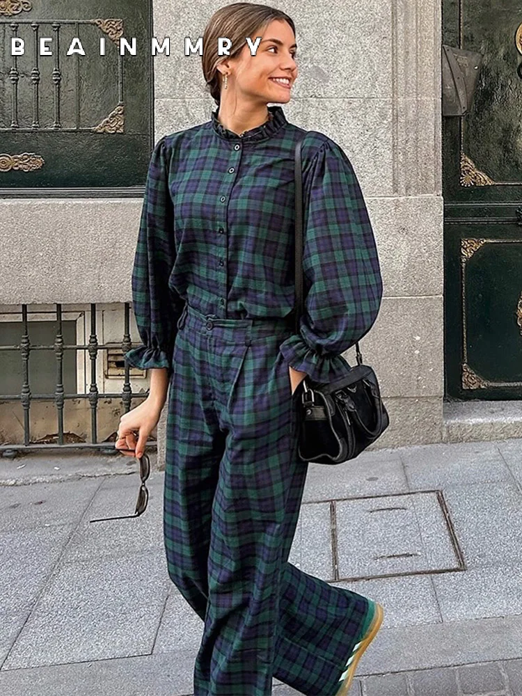 Vintage Plaid Puff Hem Shirt Pants Set Women Casual O-neck Lantern Sleeve Shirt Wide Leg Pant Suit 2025 New High Street Outfit