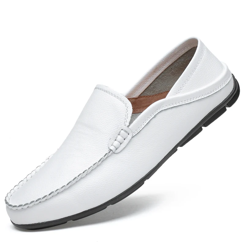 Spring and Summer New Men's Two-layer Leather Fashionable and Comfortable Lazy Driving Shoes Brand Round Toe Non Slip Loafers