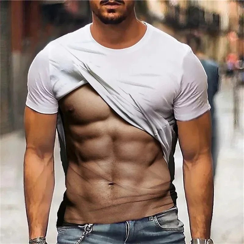 تي شيرت رجالي للرجال ملابس عضلات مزيفة ثلاثية الأبعاد مطبوعة مضحك تي شيرت الصيف بلايز ملابس بأكمام قصيرة عادية تيز شخصية