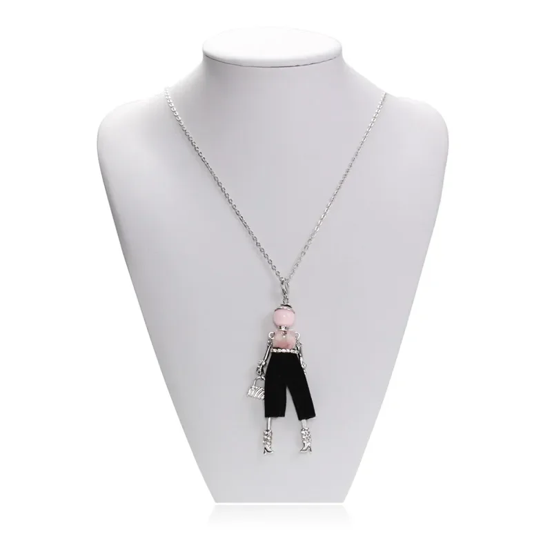 HOCOLE New Handmade Doll Necklace Feather Dress Long Chain Pendant Women Fashion Rhinestone Cute Girl Necklace Statement Jewelry