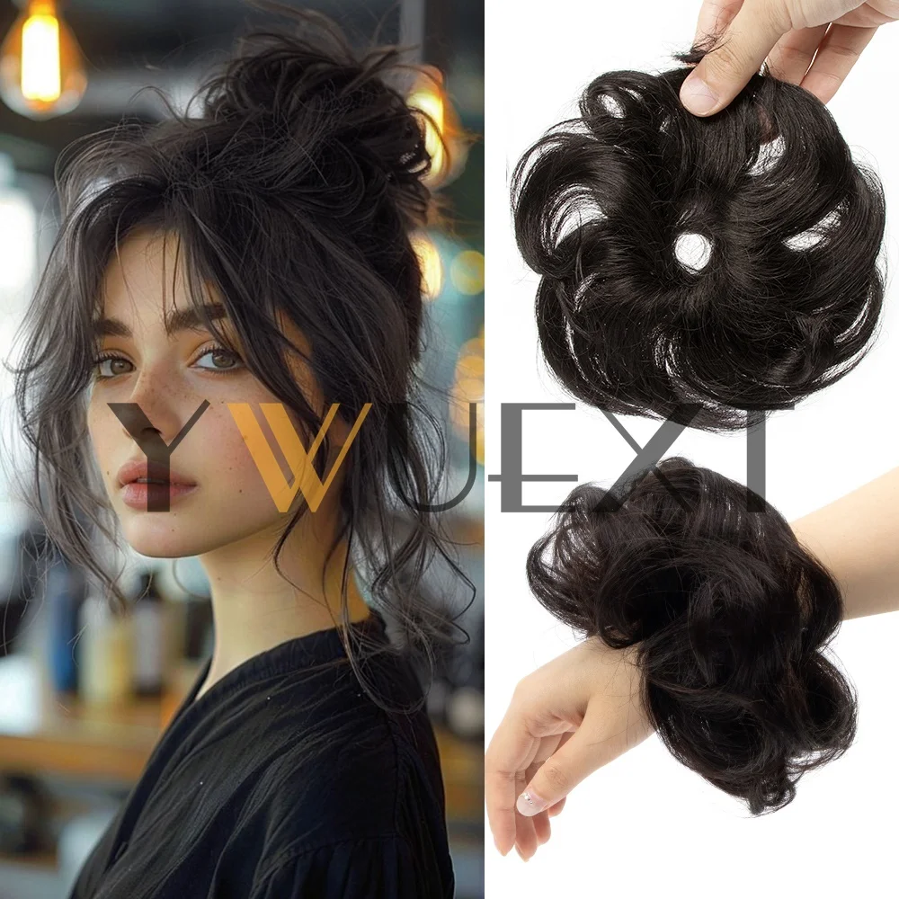 Curly Natural Human Hair Bun Chignon Updo Donut Real Hair Extensions Flexible Elastic Band Hair Piece 9 Colors Available