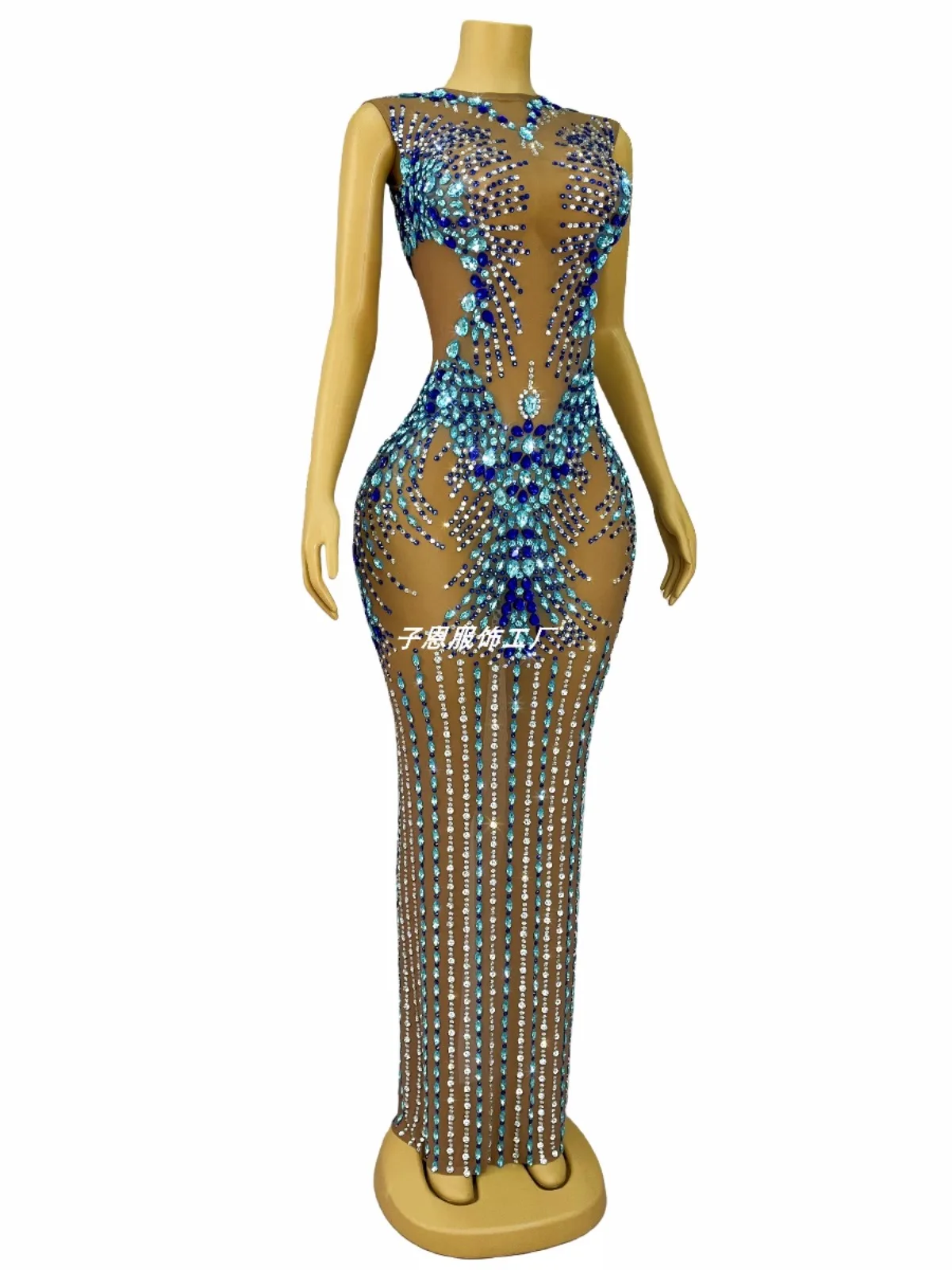 Sexy see-through gauze sparkling rhinestone temperament long dress party fashion show dress costume