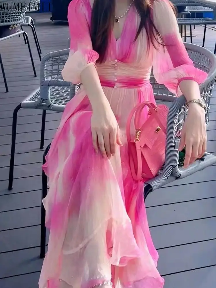 

2025 summer new high-end retro French thin waist smudge new Chinese summer vintage dress