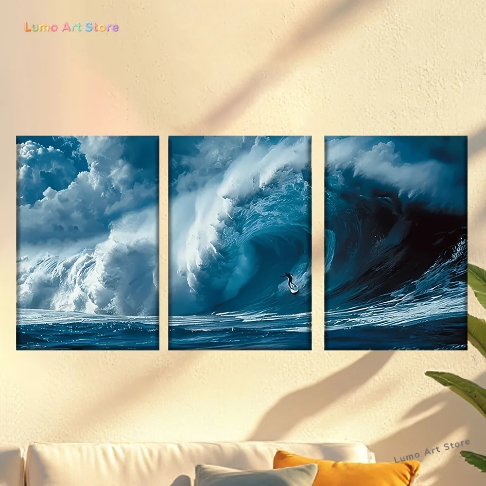 3pcs/Set, Canvas Painting--Unframed, Funny Big Wave Surfer, Posters And Prints, Living Room, Office, Library, Bar, Cafe, Abst