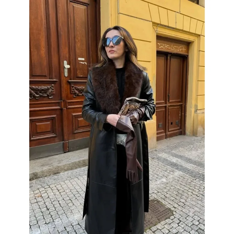 

Женская кожаная куртка с воротником из искусственного меха, V-образным вырезом, однобортная, свободного кроя, с поясом, 2026, повседневная, в уличном стиле