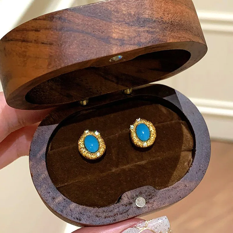 Vintage brushed turquoise necklace rings earrings for women fashion antique gold crafts diamond inlay blue fashion jewelry sets