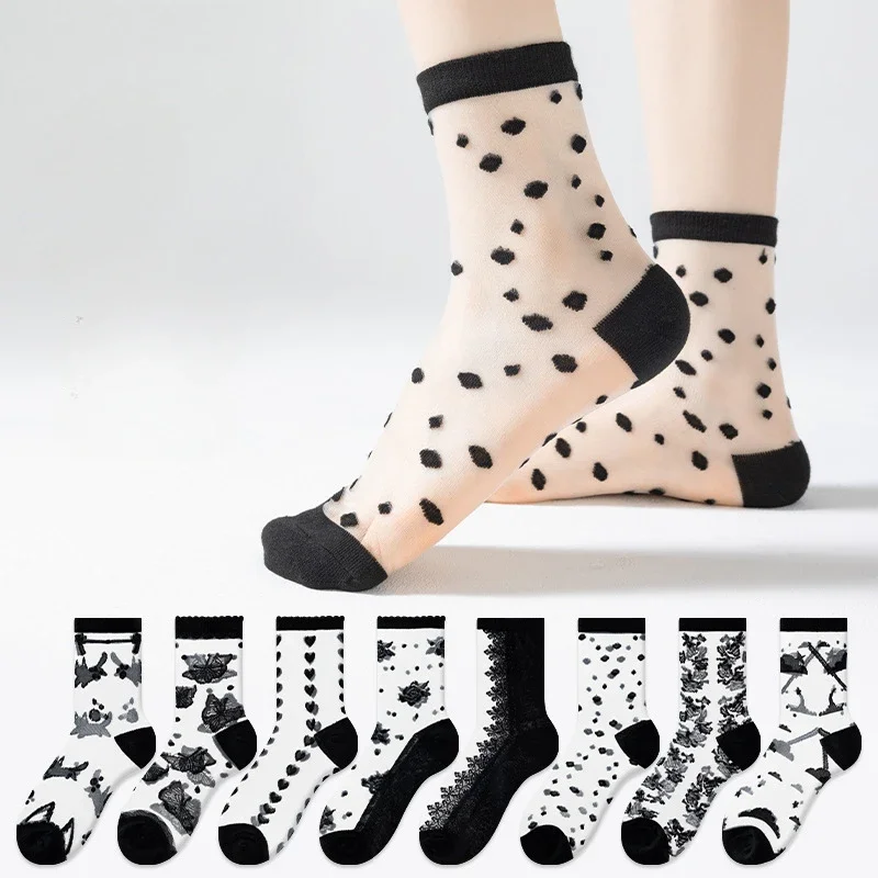 Socks Women Summer Ultra-thin Transparent Crystal Silk Socks Mesh Thin Breathable Sexy Lace Floral Elastic Nylon Long Socks Sox