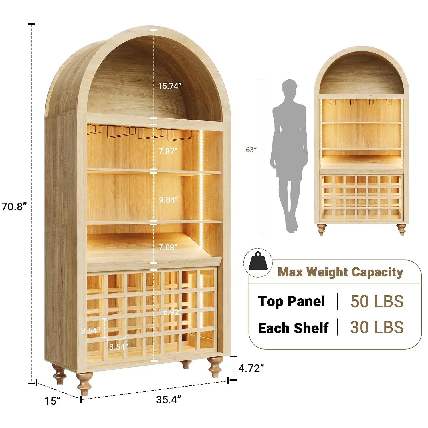 Arched Bar Cabinet with LED Lights, 71
