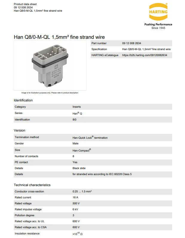 09120082634 HARTING 16A8-pin male ferrule insert Han-Quick Lock® cable