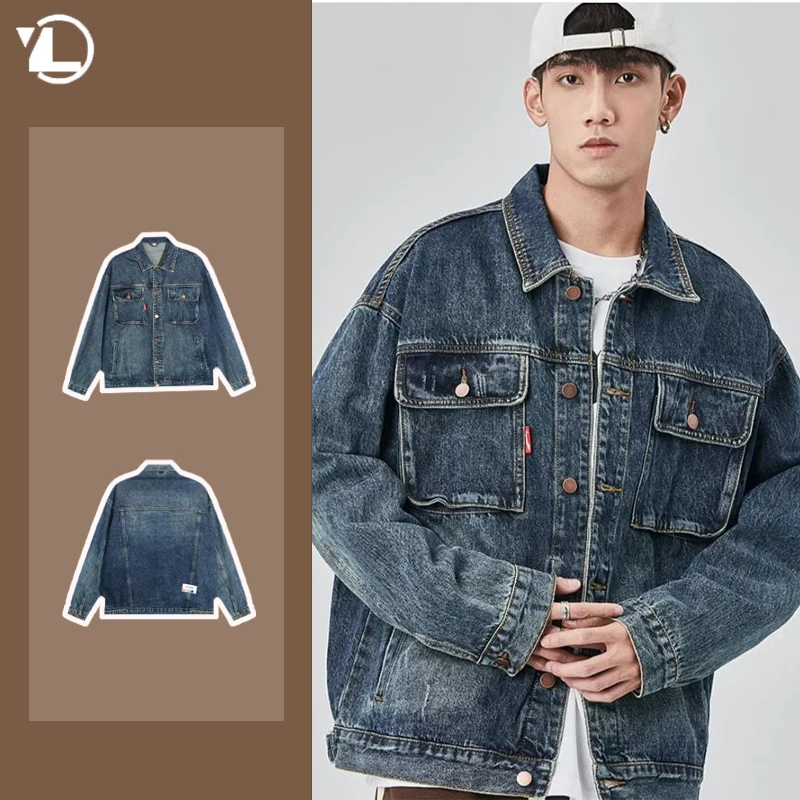 

Spring New College Denim Jacket Mens Tooling Multi Pocket Lapel Hip-hop Cowboy Coats Streetwear Labeling Washed Retro Outwear