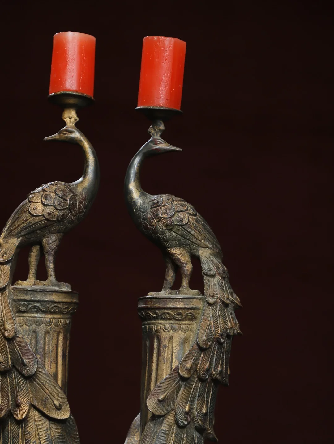 A pair of antique treasure copywriting ornaments made of copper and gold [Phoenix Wax Platform] Single height 49cm, width 15cm,