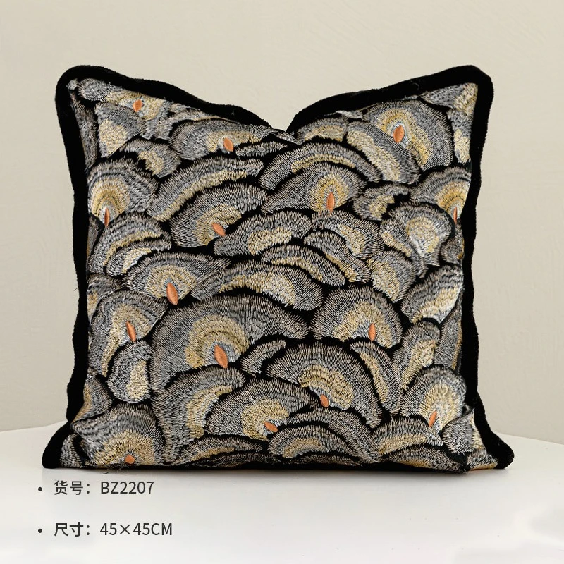 Luxury Retro Single-Sided Peacock Feather Embroidered Pillow Cover, High-End Black and Gold Sofa Decorative Lumbar Pillow Case