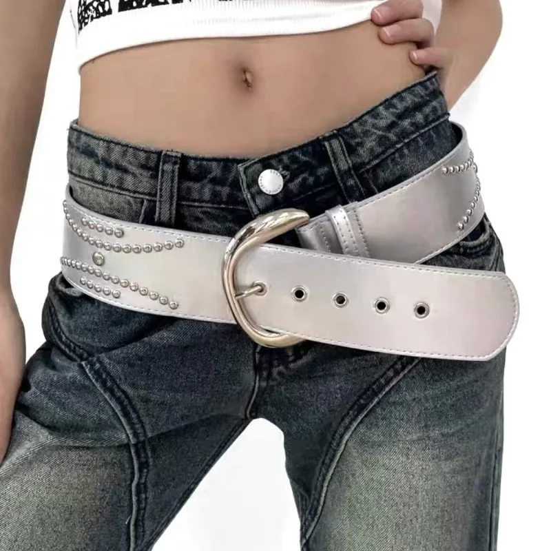 Spicy Girl Silver Wide Edge Belt Punk-style Studded Y2K Waistband Fashion Women's Leather Belt for Dress Jeans Accessories