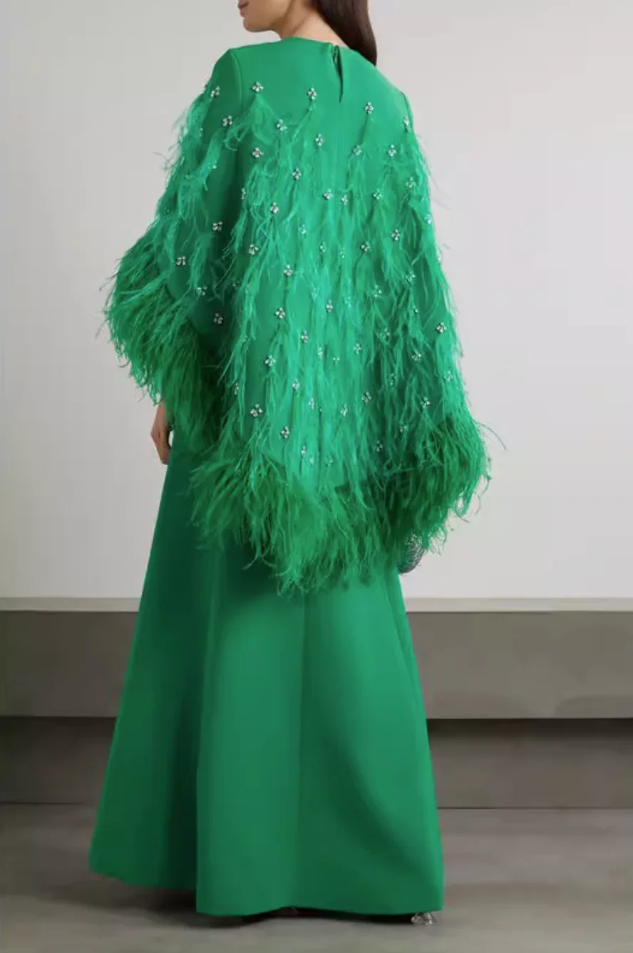 

Luxury Green Prom Dresses Round Floor-Length Feathers Rhinestone Women Evening Dress Celebrity Banquet Party Gowns