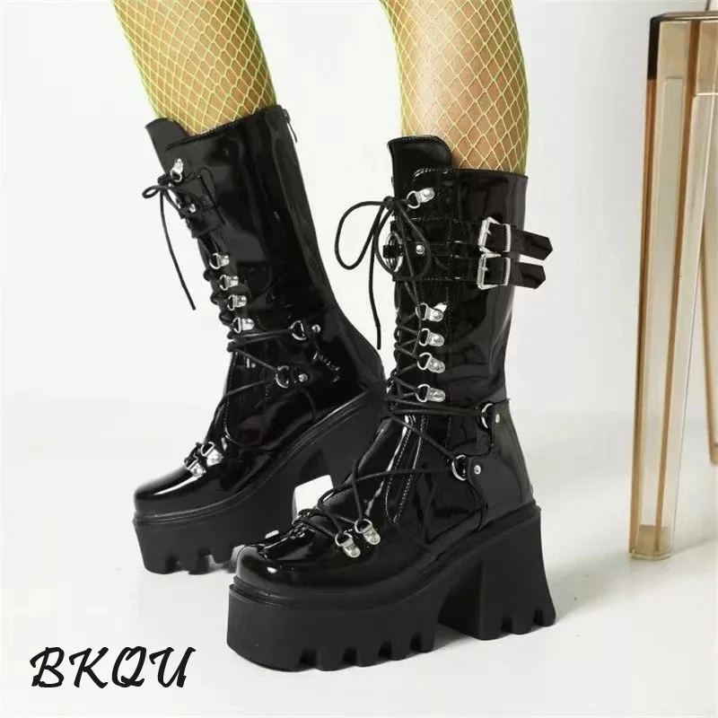 

BKQU Punk Biker Boots Women's Autumn/Winter Black Patent Leather Mid-calf Boots Women's Muffin Platform Front Lace-up High Boots