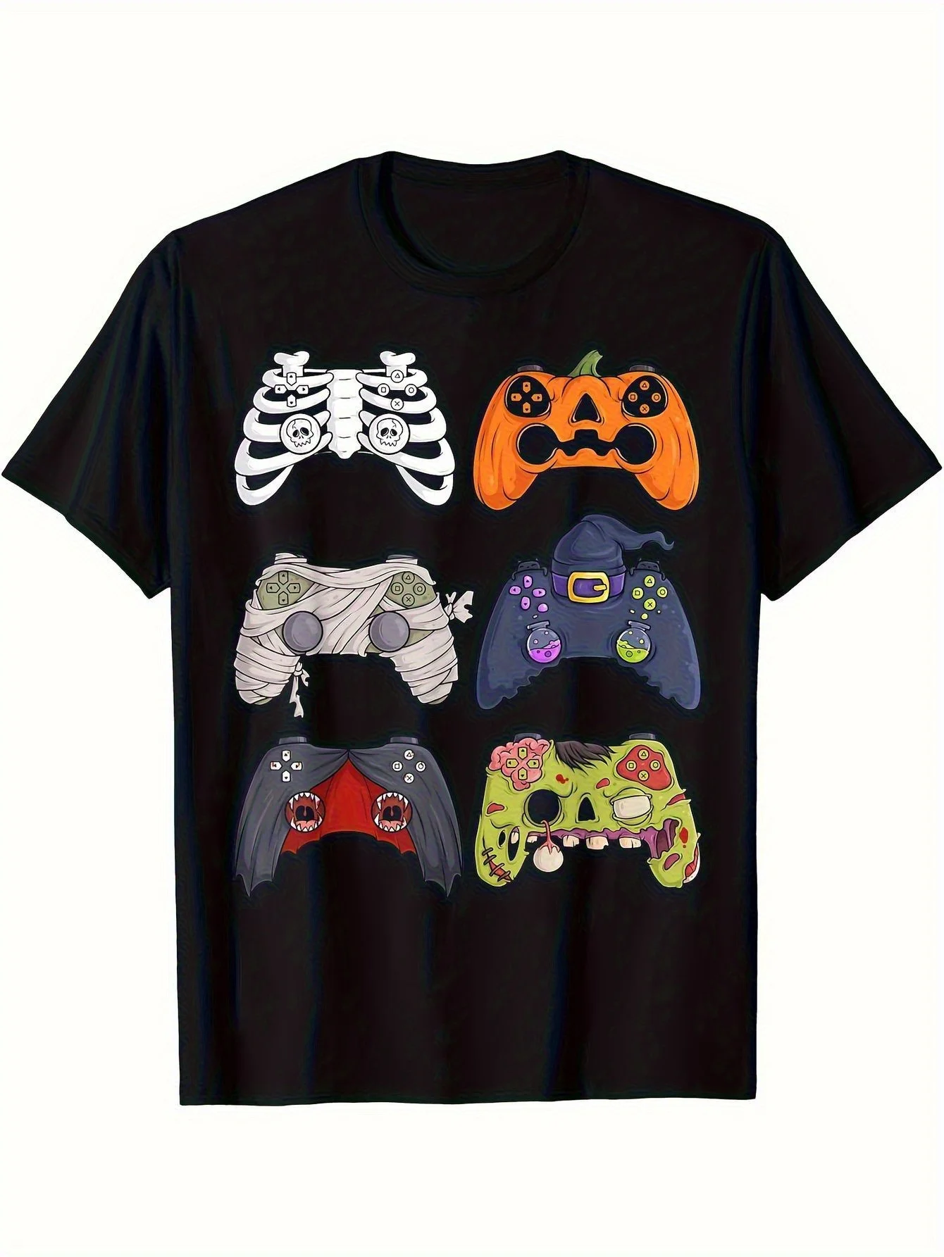 

Halloween Gaming Controller T-Shirt - Skeleton/Pumpkin/Witch Hat Designs, Cotton, Gamer Party Costume