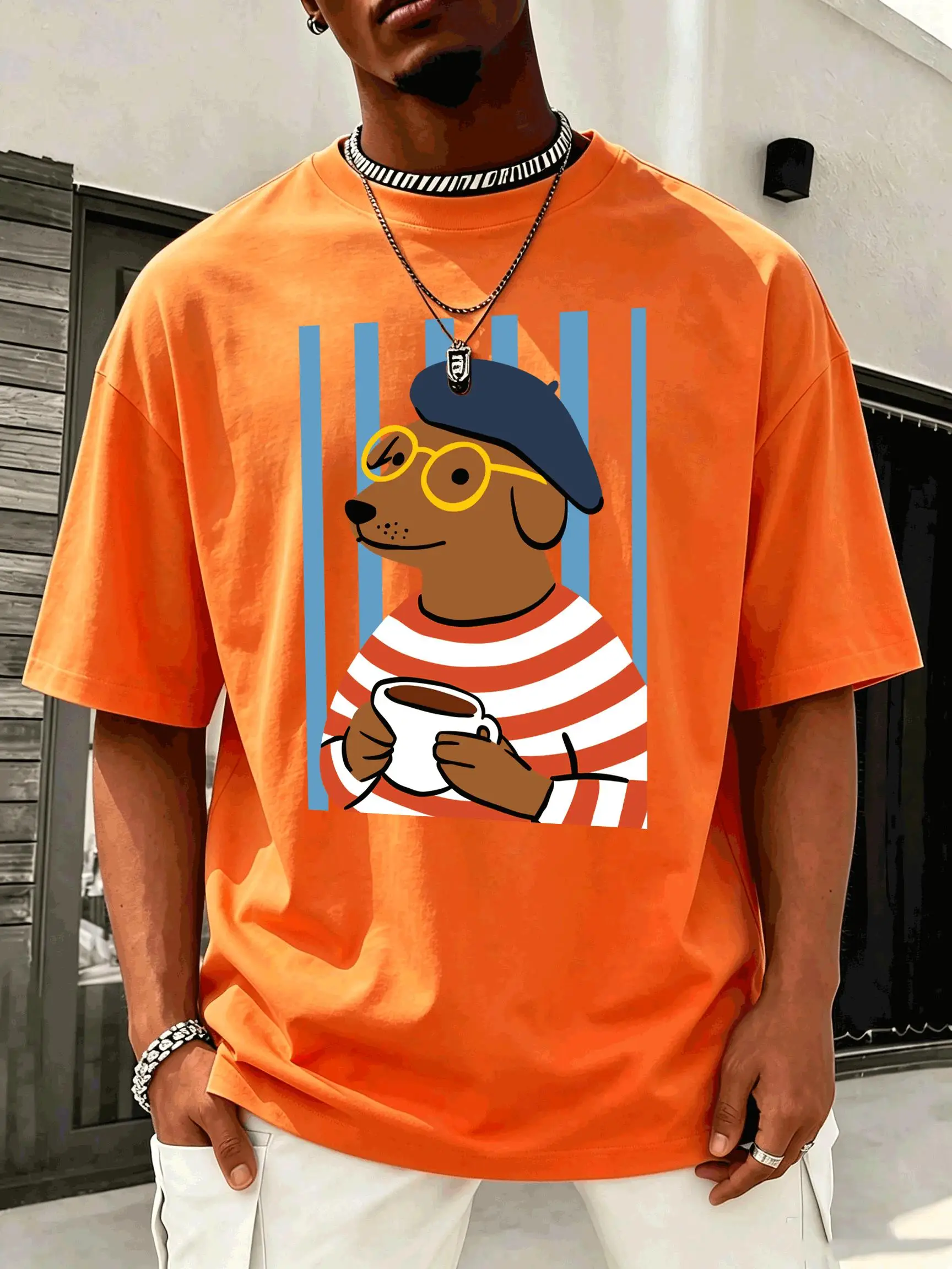 Dachshund Dog Coffee Cup Printing Men'S T-Shirt Hip Hop All-Match Clothes Casual Cotton T Shirt Loose Summer Short Sleeve