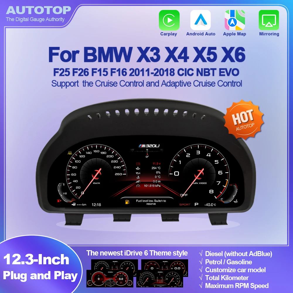 AUTOTOP 12.3 pouces 6WB Tableau de bord numérique pour BMW X3 F25 X4 F26 X5 F15 X6 F16 2009-2019, Carplay Android Auto, Diesel Essence