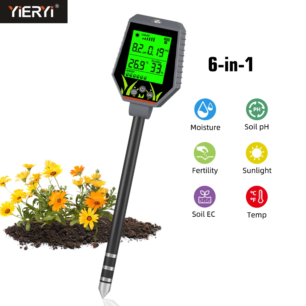 Yieryi-testador de Solo de Alta Precisão Medidor de ph 6-em1 Sensor Digital de Umidade da Planta Higrômetro Teste Hidropônico de Nutrientes para Jardinagem