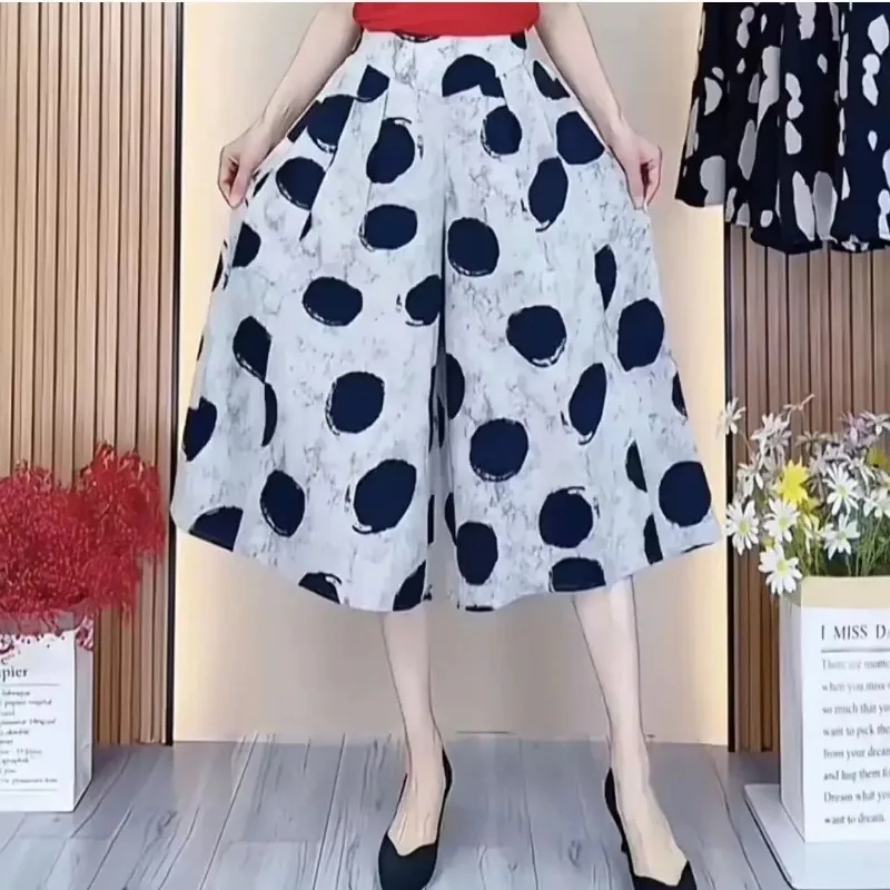 

Женские белые и черные кюлоты в горошек с широкими штанинами, высокой талией, свободного кроя, укороченные, повседневные брюки