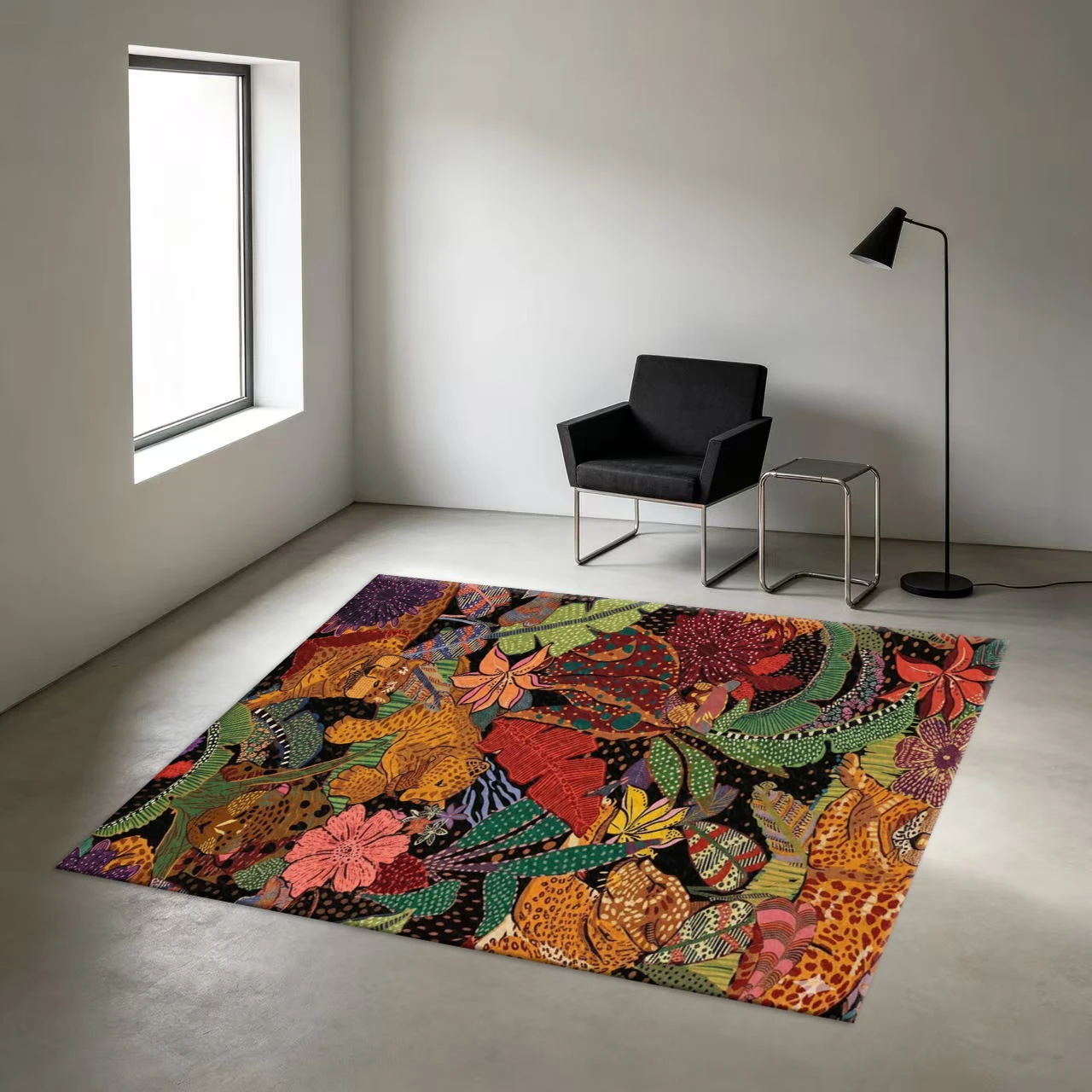 Tropical Jungle Leopard Print Floral Carpet Square Bohemian Style Rug, Suitable for Home Interior Decoration