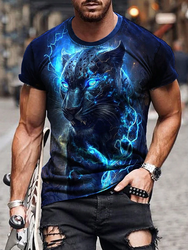 Fashion Cheetah Print Men's T-shirt Summer Men's Top Outdoor Street Men Bottom Short Sleeve Daily Casual Men's Oversized T-shirt