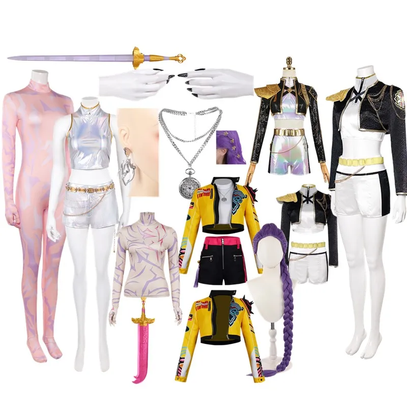 

Hunters Rumi Cosplay Costume Fantasia Wig Earrings Nail Sticker Demons Women Vest Shorts Chain Belt Halloween Carnival Suit