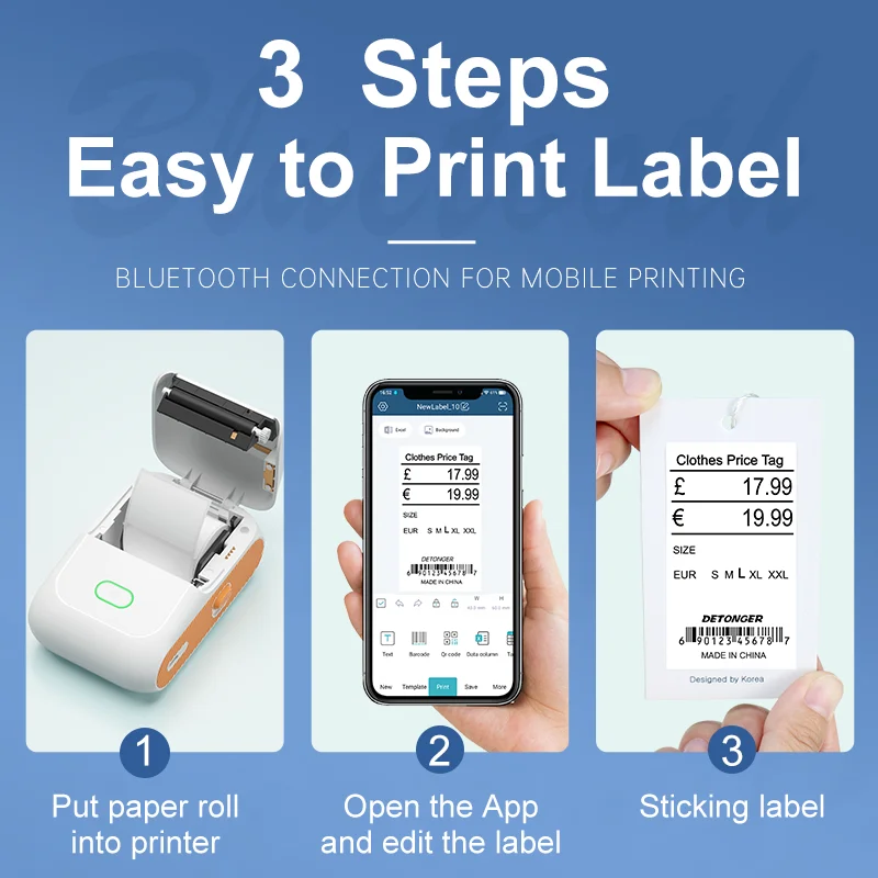 DETONGER DP26 Thermal Label Printer +3 Rolls Adhesive Paper Portable Wireless BT Office Business  Label Maker