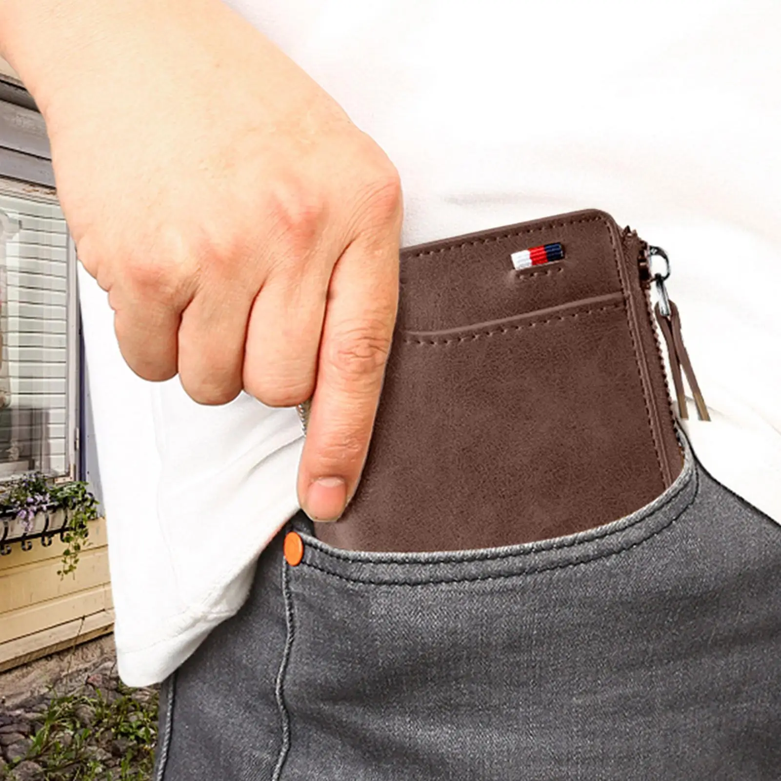 محفظة بسحاب من الجلد الطبيعي للرجال، تصميم قديم مع نافذة لبطاقة الهوية وجيب للعملات المعدنية، محفظة ذات سعة كبيرة للبطاقات النقدية