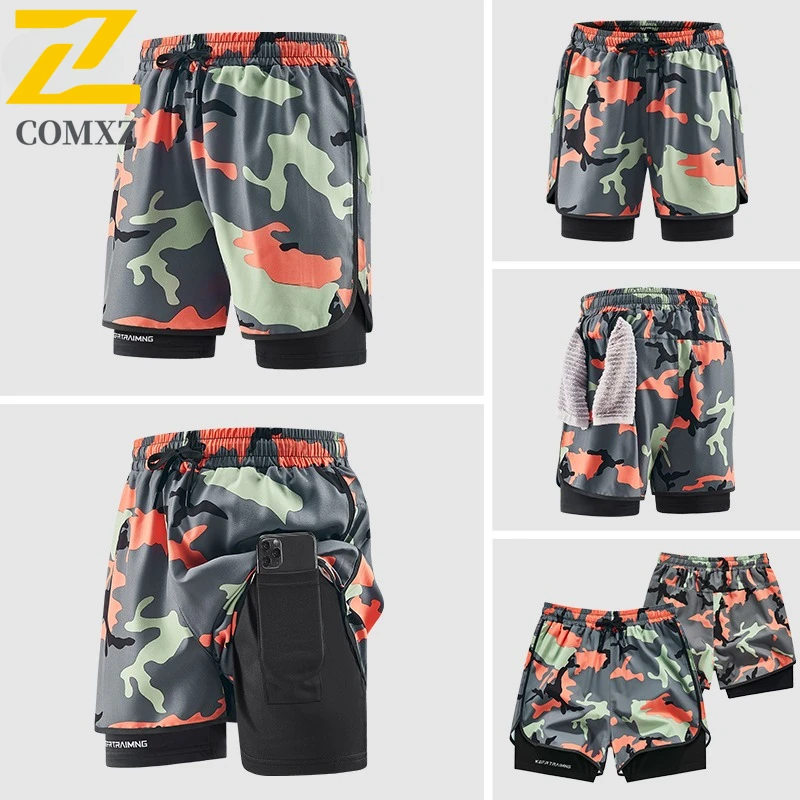 

Камуфляжные повседневные мужские шорты, быстросохнущие дышащие поддельные баскетбольные шорты из двух частей с эластичной резинкой на талии, шорты для фитнеса в тренажерном зале